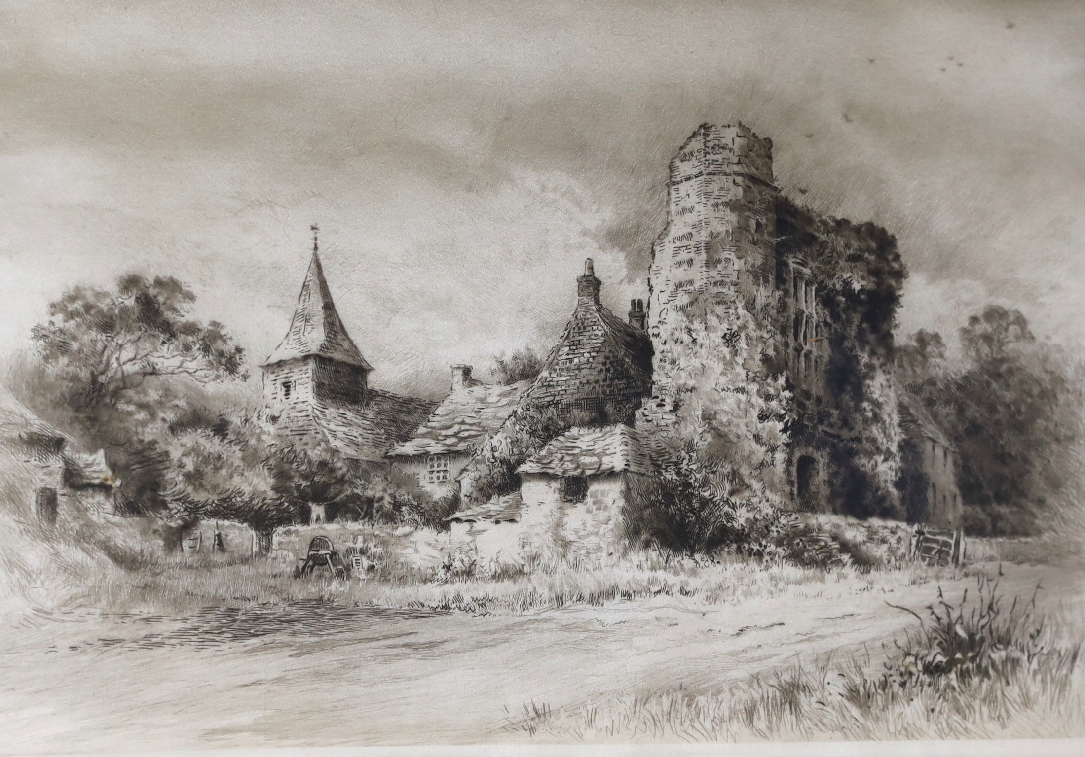 Arthur E. Coombe and Alexander Ansted, four etchings printed on silk, 'Chichester Market Cross', 'Cowdray House', 'Hurstmonceux Castle' and 'Wilmington Priory', largest 19 x 26cm